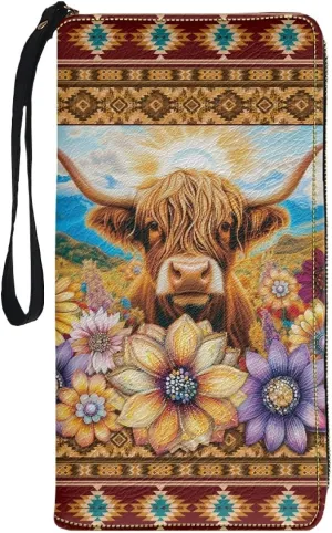 Bulopur Highland Cow Womens Wallets Large Capacity Zipper Aztec Wristlet Wallets Waterproof Ladies Clutch Purses Coin Cash Holder Bags
