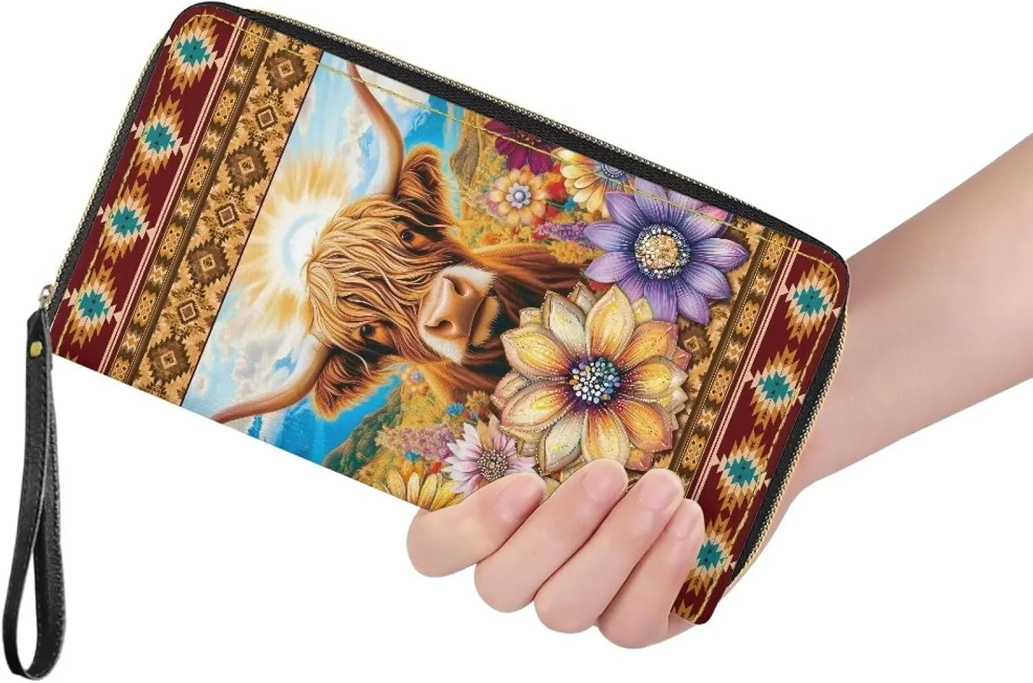 Bulopur Highland Cow Womens Wallets Large Capacity Zipper Aztec Wristlet Wallets Waterproof Ladies Clutch Purses Coin Cash Holder Bags