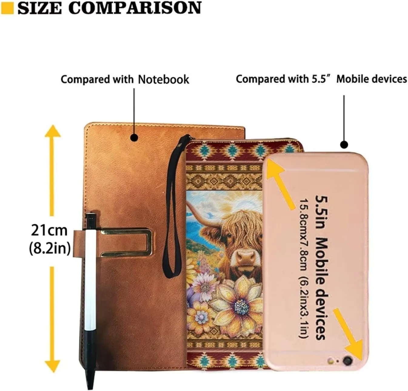 Bulopur Highland Cow Womens Wallets Large Capacity Zipper Aztec Wristlet Wallets Waterproof Ladies Clutch Purses Coin Cash Holder Bags