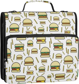 Burgers and Fries Zipper Binder, 1.5 inch 3 Ring Binder Organizer Bag with Shoulder Strap and Handle, Multi-Pocket, 500 Sheet Capacity