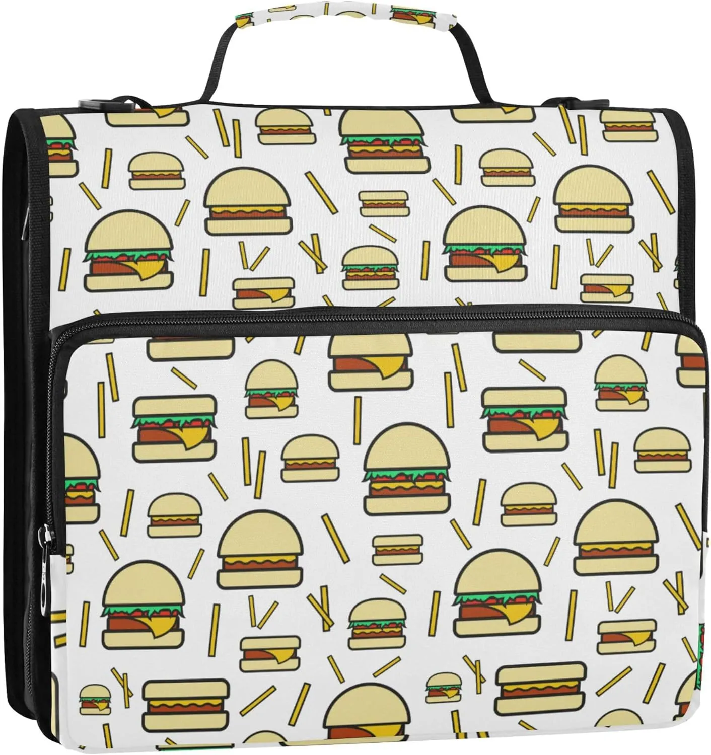 Burgers and Fries Zipper Binder, 1.5 inch 3 Ring Binder Organizer Bag with Shoulder Strap and Handle, Multi-Pocket, 500 Sheet Capacity