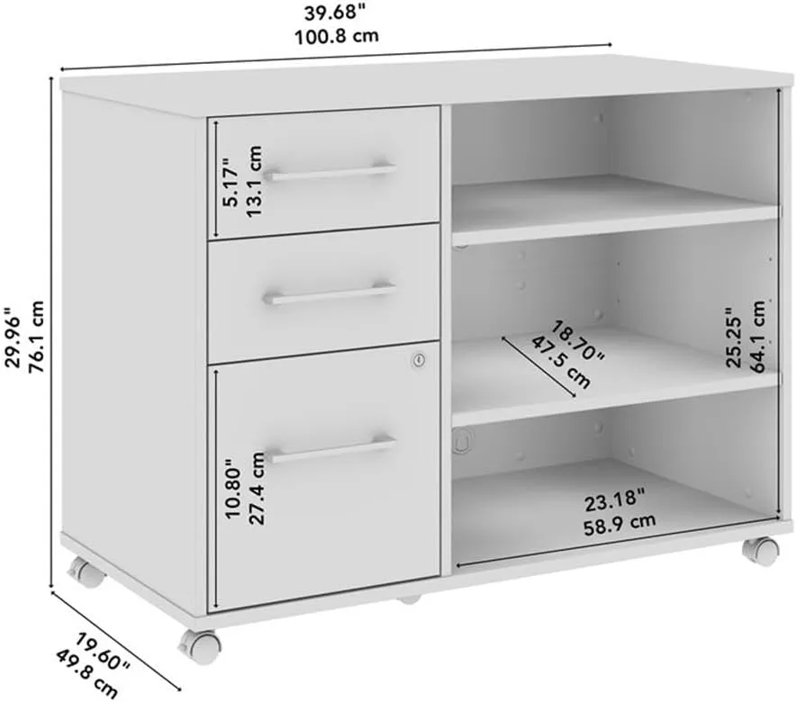 Bush Business Furniture Hustle Office Storage Cabinet with Wheels in White, Mobile Organization Unit for Home and Professional Workspace