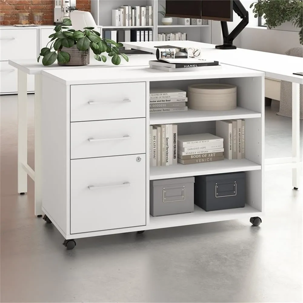 Bush Business Furniture Hustle Office Storage Cabinet with Wheels in White, Mobile Organization Unit for Home and Professional Workspace