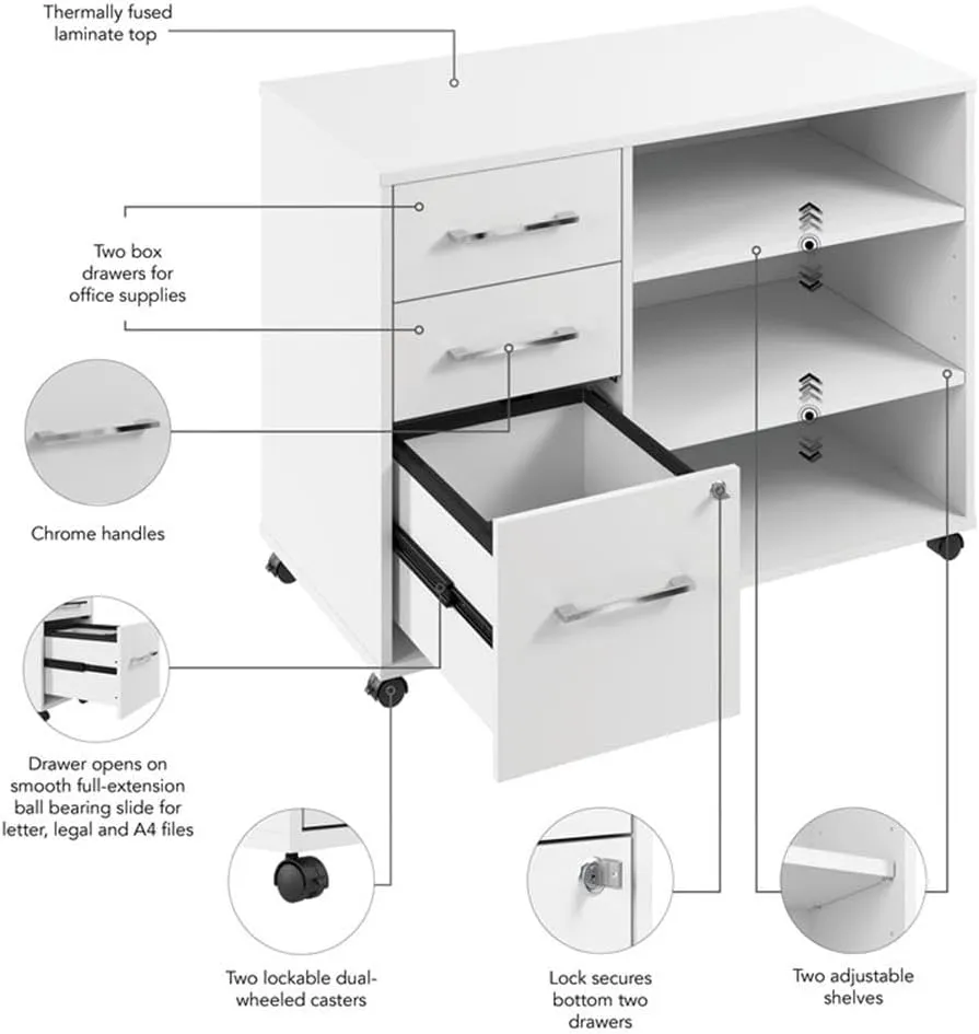 Bush Business Furniture Hustle Office Storage Cabinet with Wheels in White, Mobile Organization Unit for Home and Professional Workspace