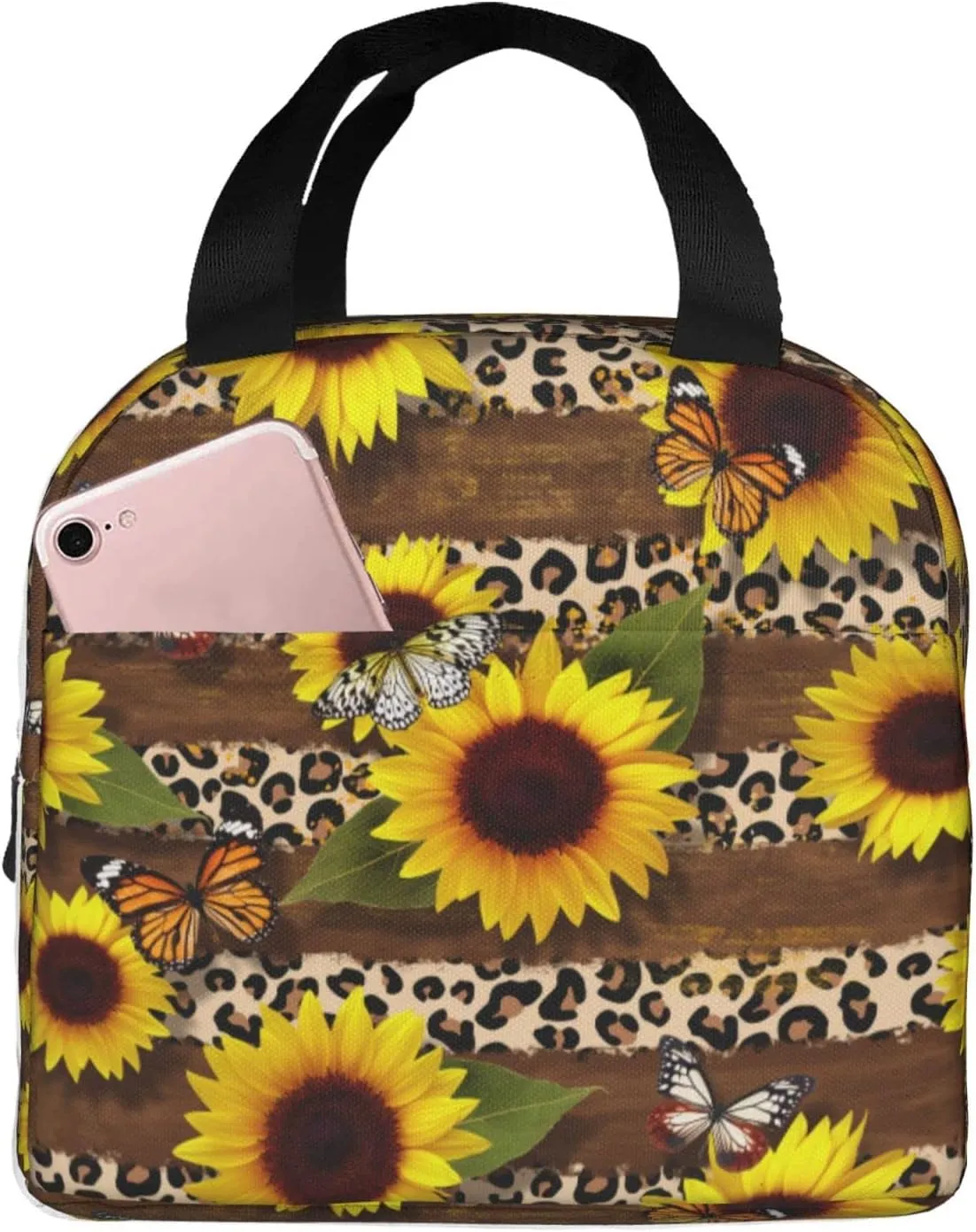Butterflies Lunch Bag Leopard Print Sunflower Insulated Lunch Box for Women Men Reusable Lunch Tote for Office Work Picnic Hiking
