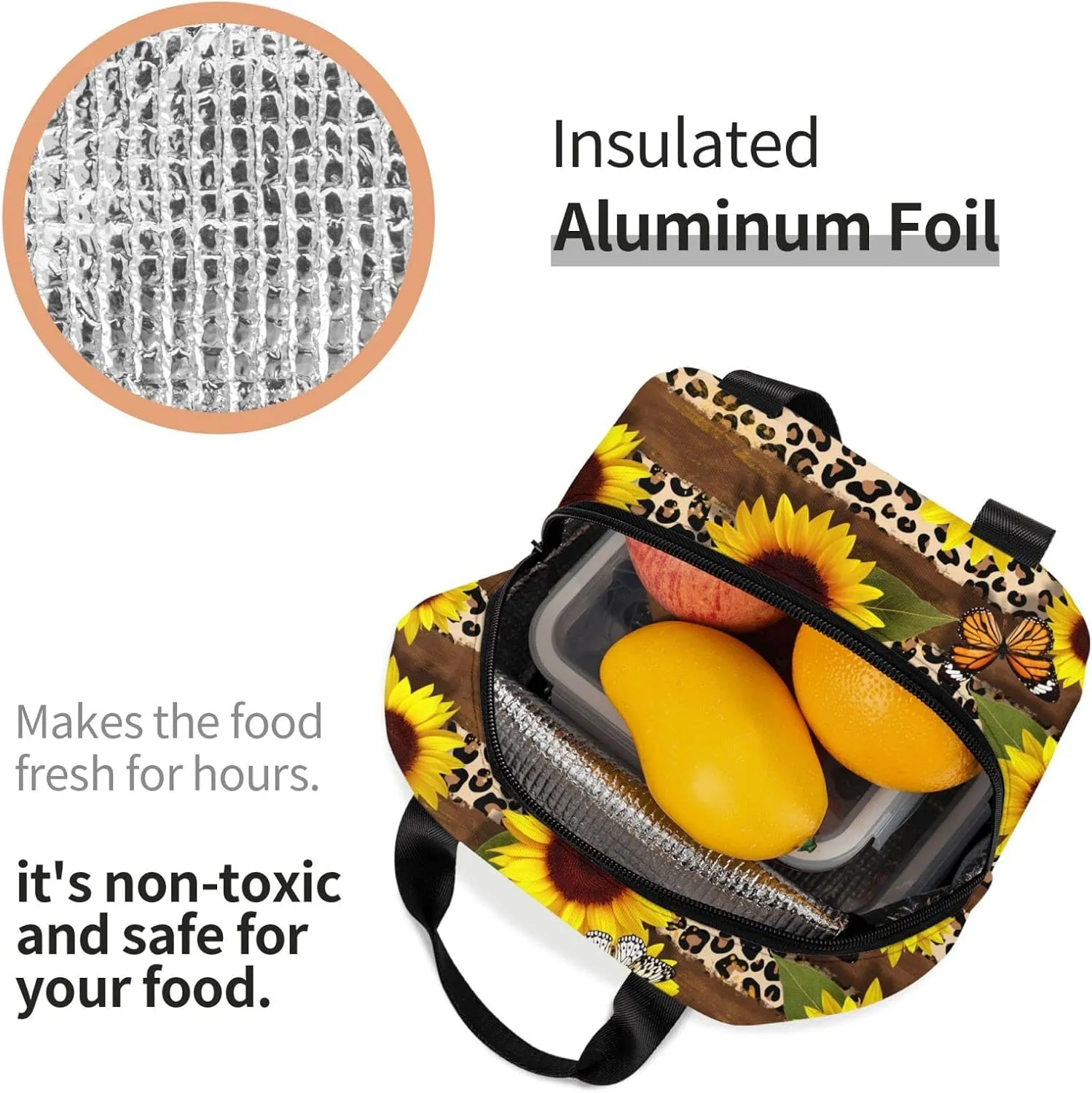 Butterflies Lunch Bag Leopard Print Sunflower Insulated Lunch Box for Women Men Reusable Lunch Tote for Office Work Picnic Hiking