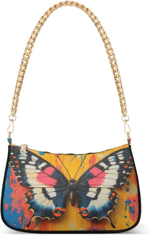 Butterfly Yellow Blue Chain Shoulder Bag Hobo Tote Handbag Mini Clutch Purse with Zipper Closure for Women