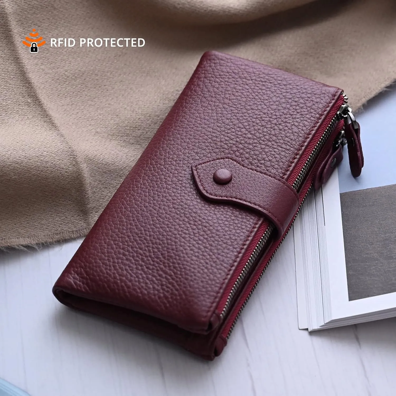 Bveyzi Women Soft Leather RFID Blocking Bifold Slim Wallets Ladies Credit Card Holder Double Zipper Pocket