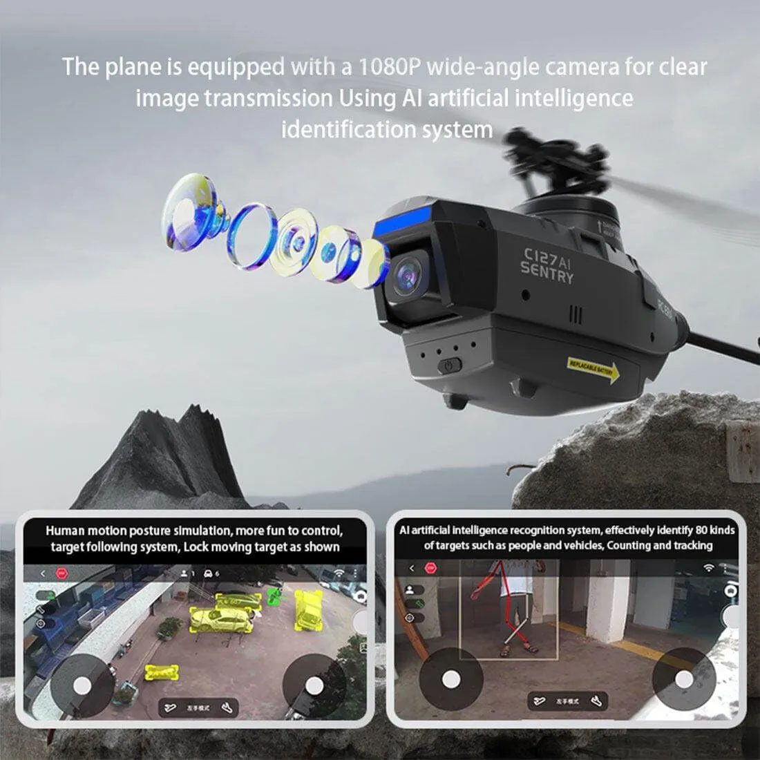 C127AI RC Helicopter with 1080P Camera, 4CH Single-Rotor Brushless Aerial Helicopter Model, Military Aircraft Helicopter Toys Gift for Kid & Adult (RTF Version)