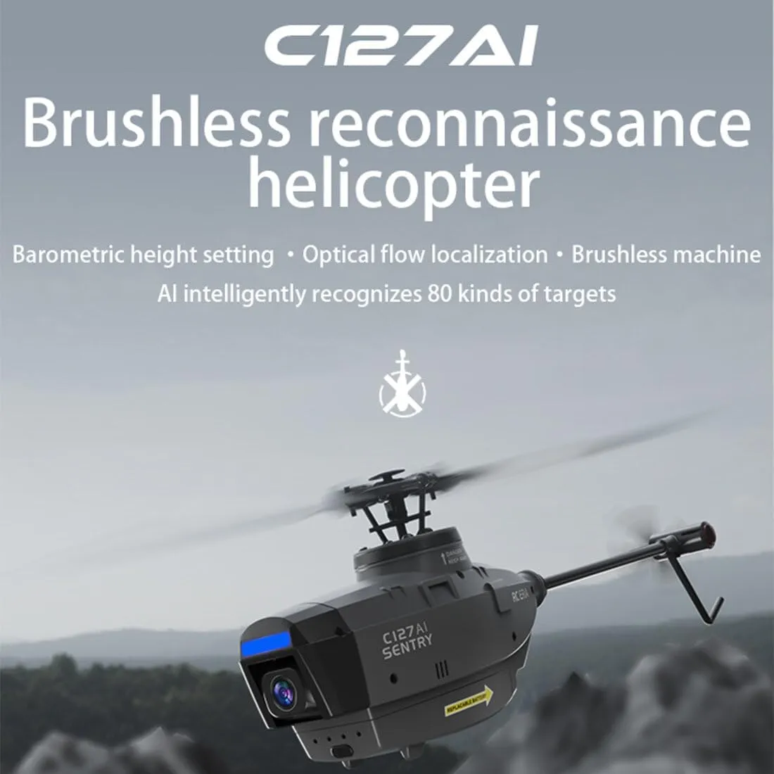 C127AI Scout Drone RC Helicopter with 1080P Camera, 2.4G RC 4CH Single-Rotor Brushless Helicopter Model With 6-Axis Gyro, Optical Flow Positioning (RTF Version/Black)