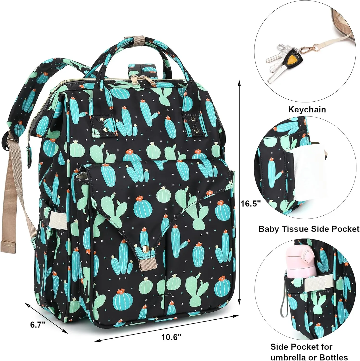 Cactus Diaper Bag Backpack for Baby Girls Boys, Large Capacity Multifunction Waterproof Maternity Mom Nappy Bags with Stroller Straps