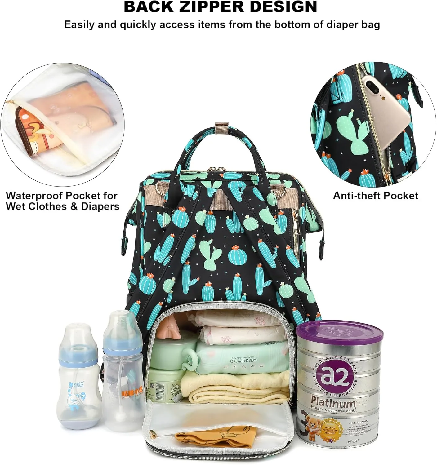 Cactus Diaper Bag Backpack for Baby Girls Boys, Large Capacity Multifunction Waterproof Maternity Mom Nappy Bags with Stroller Straps