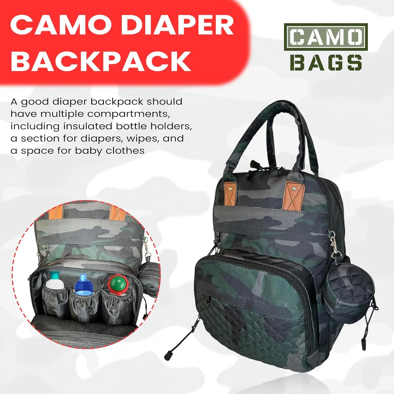 Camo Diaper Backpack - 1000 Denier Cordura Polyester Bag with Pacifier Pouch & Changing Pad - Comfortable Handle, Reinforced Padded Shoulder Straps - Easy-Glide Zippers Multiple Pockets Storage