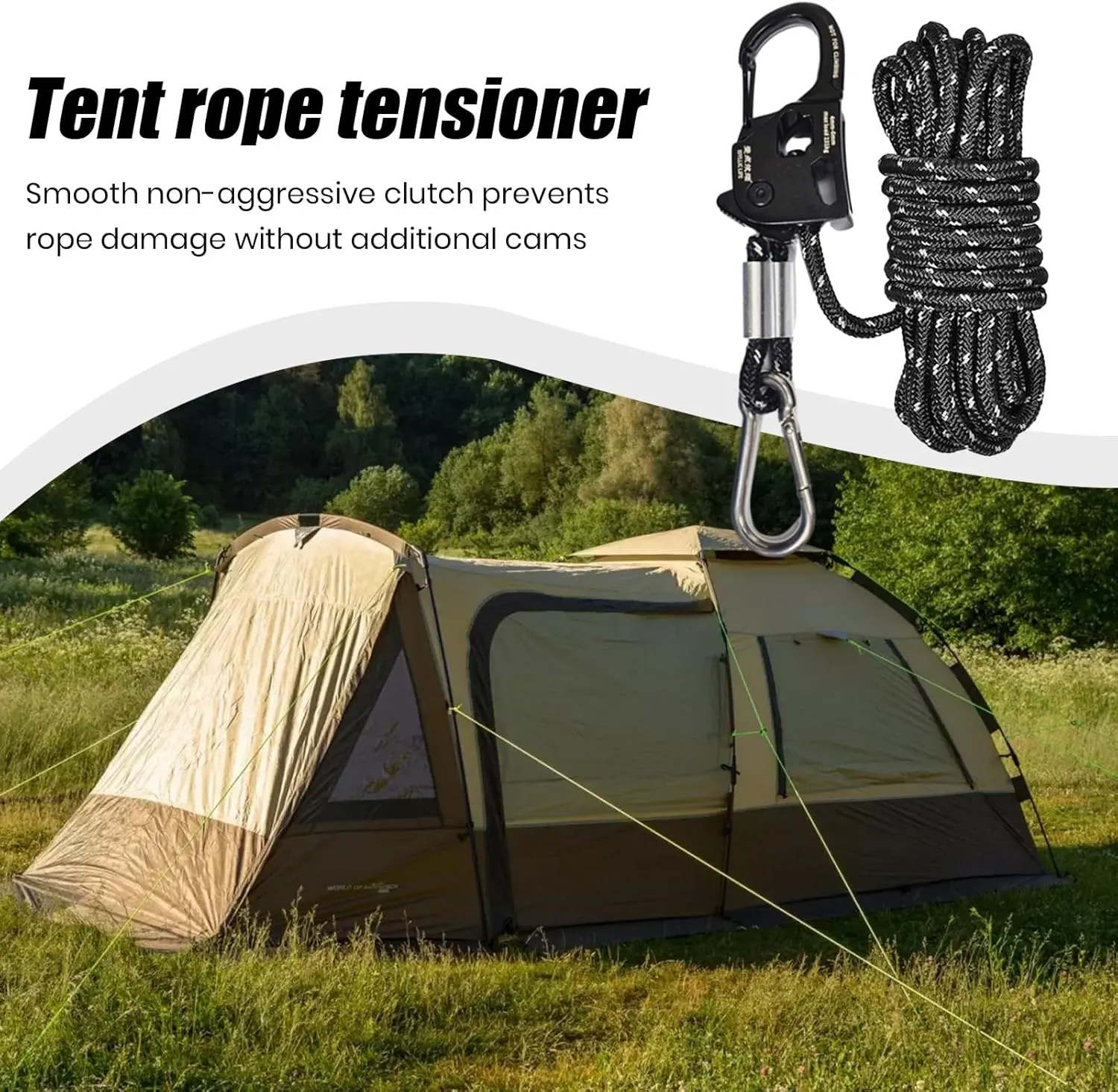 Camping Accessories Canopy Accessory Compact Size Portable Universal Self-Locking Tent Rope Tensioner with Carabiner Clip Outdoor Equipment Black