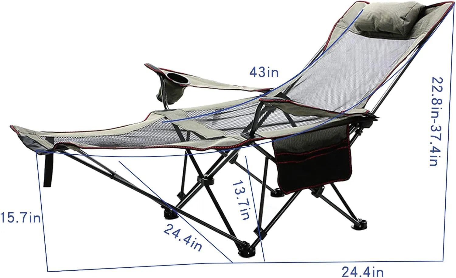 Camping Lounge Chair Folding Camping Chair with Footrest Portable Reclining Camping Chair Headrest Storage Bag Mesh Reclining Chair with Backpack