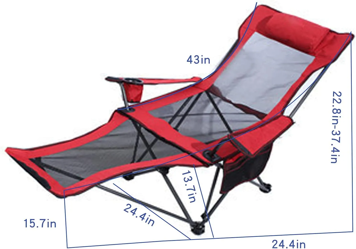 Camping Lounge Chair Folding Camping Chair with Footrest Portable Reclining Camping Chair Headrest Storage Bag Mesh Reclining Chair with Backpack