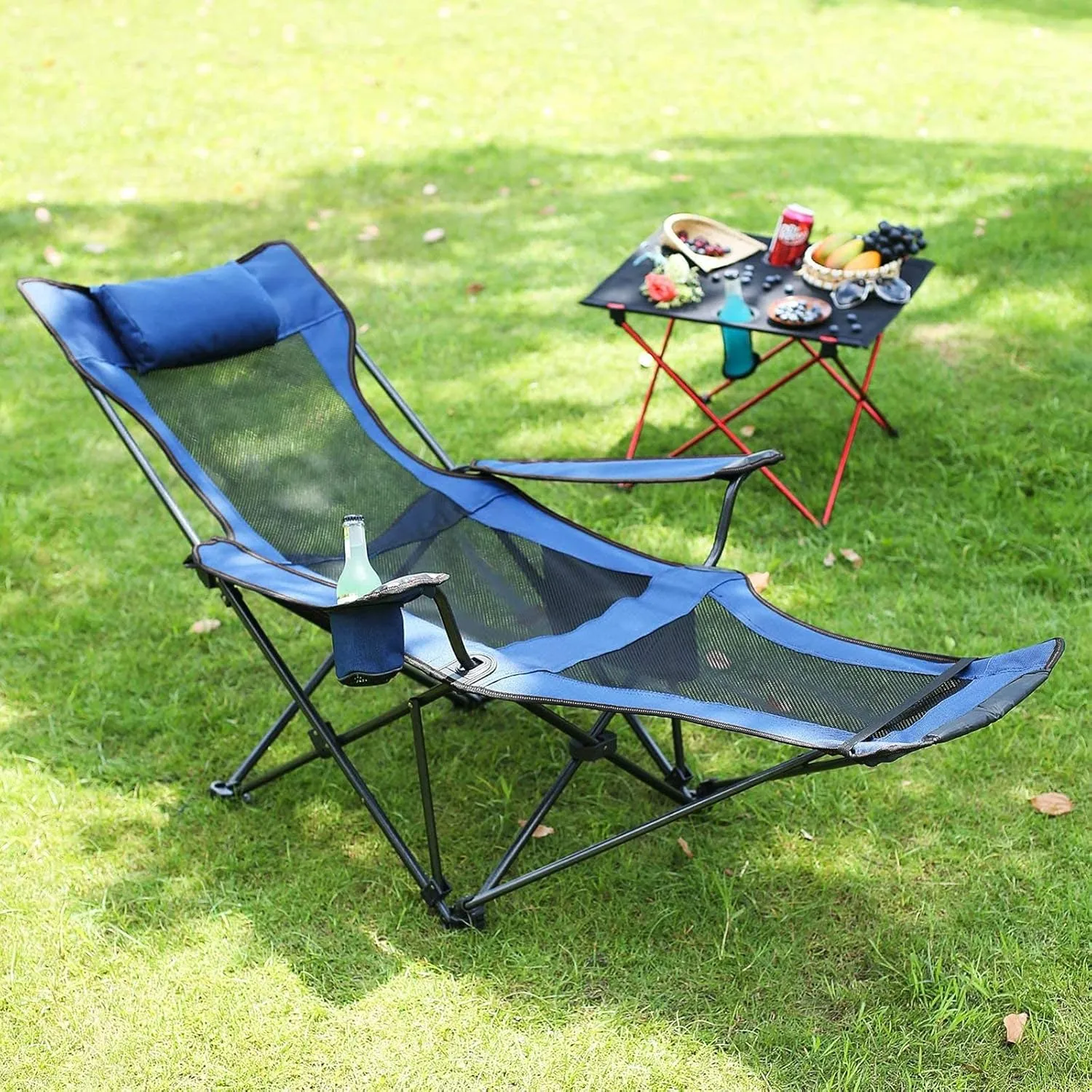 Camping Lounge Chair Folding Camping Chair with Footrest Portable Reclining Camping Chair Headrest Storage Bag Mesh Reclining Chair with Backpack
