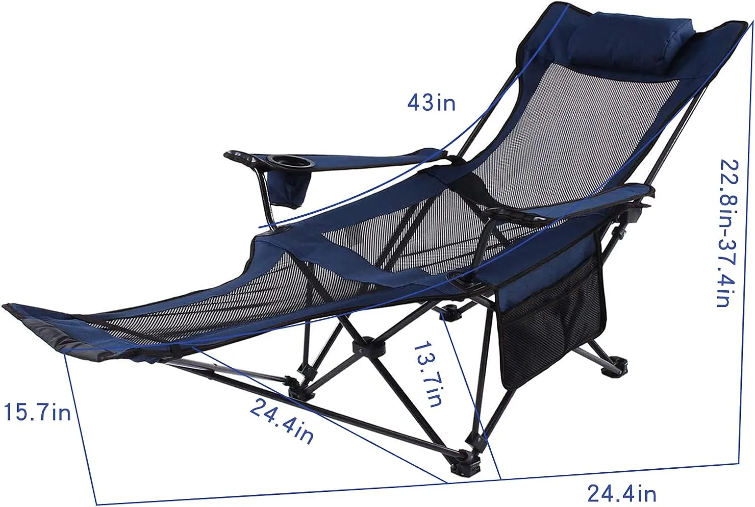 Camping Lounge Chair Folding Camping Chair with Footrest Portable Reclining Camping Chair Headrest Storage Bag Mesh Reclining Chair with Backpack
