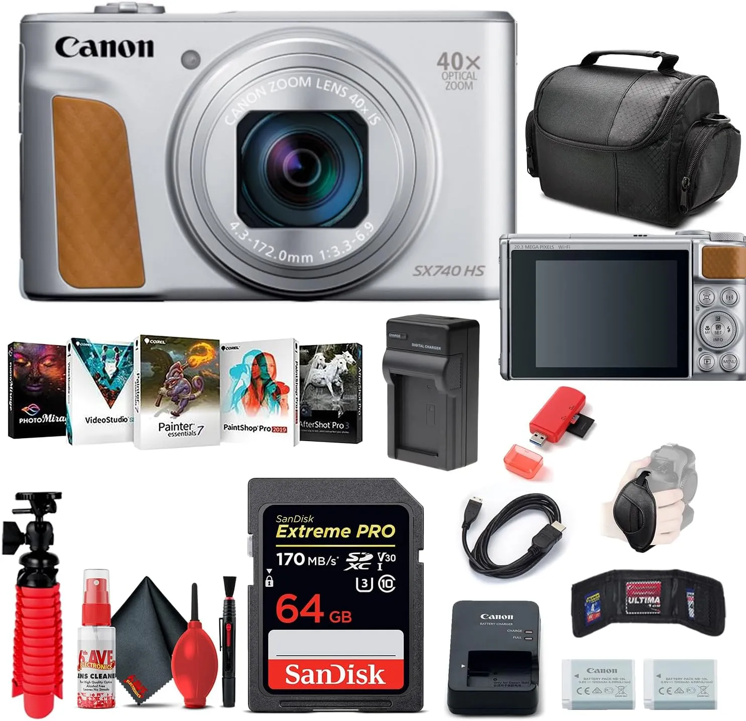 Canon PowerShot SX740 HS Digital Camera (Silver) (2956C001)   64GB Memory Card   NB13L Battery   Corel Photo Software   Charger   Card Reader   Soft Bag   Flex Tripod   More (Renewed)