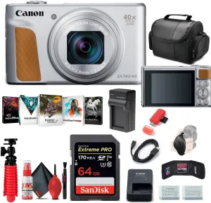 Canon PowerShot SX740 HS Digital Camera (Silver) (2956C001)   64GB Memory Card   NB13L Battery   Corel Photo Software   Charger   Card Reader   Soft Bag   Flex Tripod   More (Renewed)