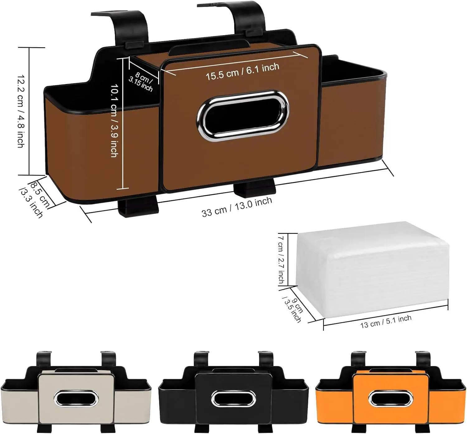 Car Back Seat Organizer with Tissue, Car Seat Back Tissue Box and Storage Hook, Multifunctional Car Organizer for Hold Phone,Drinks,Handbag,Compatible with Most Vehicles (Brown)