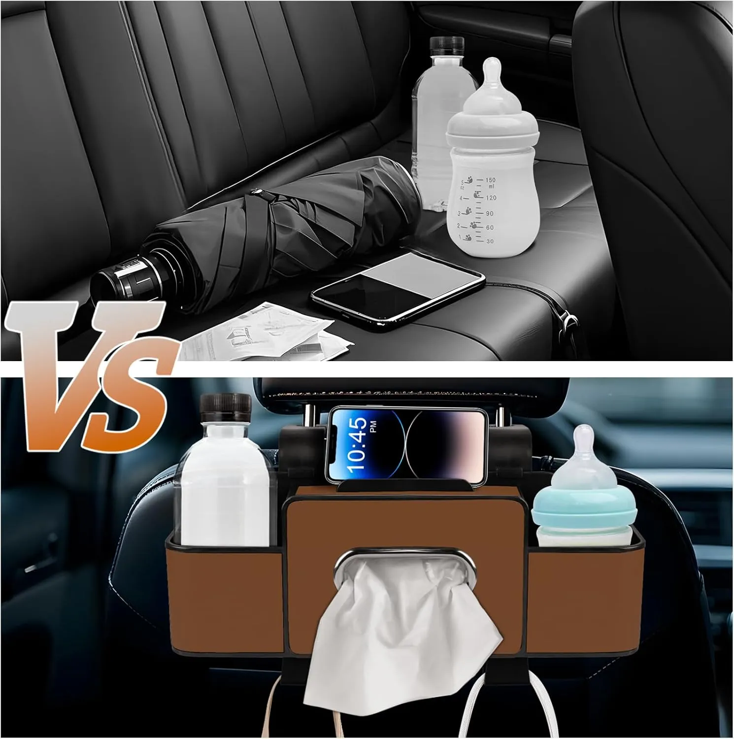Car Back Seat Organizer with Tissue, Car Seat Back Tissue Box and Storage Hook, Multifunctional Car Organizer for Hold Phone,Drinks,Handbag,Compatible with Most Vehicles (Brown)