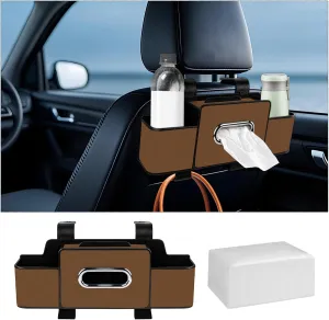 Car Back Seat Organizer with Tissue, Car Seat Back Tissue Box and Storage Hook, Multifunctional Car Organizer for Hold Phone,Drinks,Handbag,Compatible with Most Vehicles (Brown)