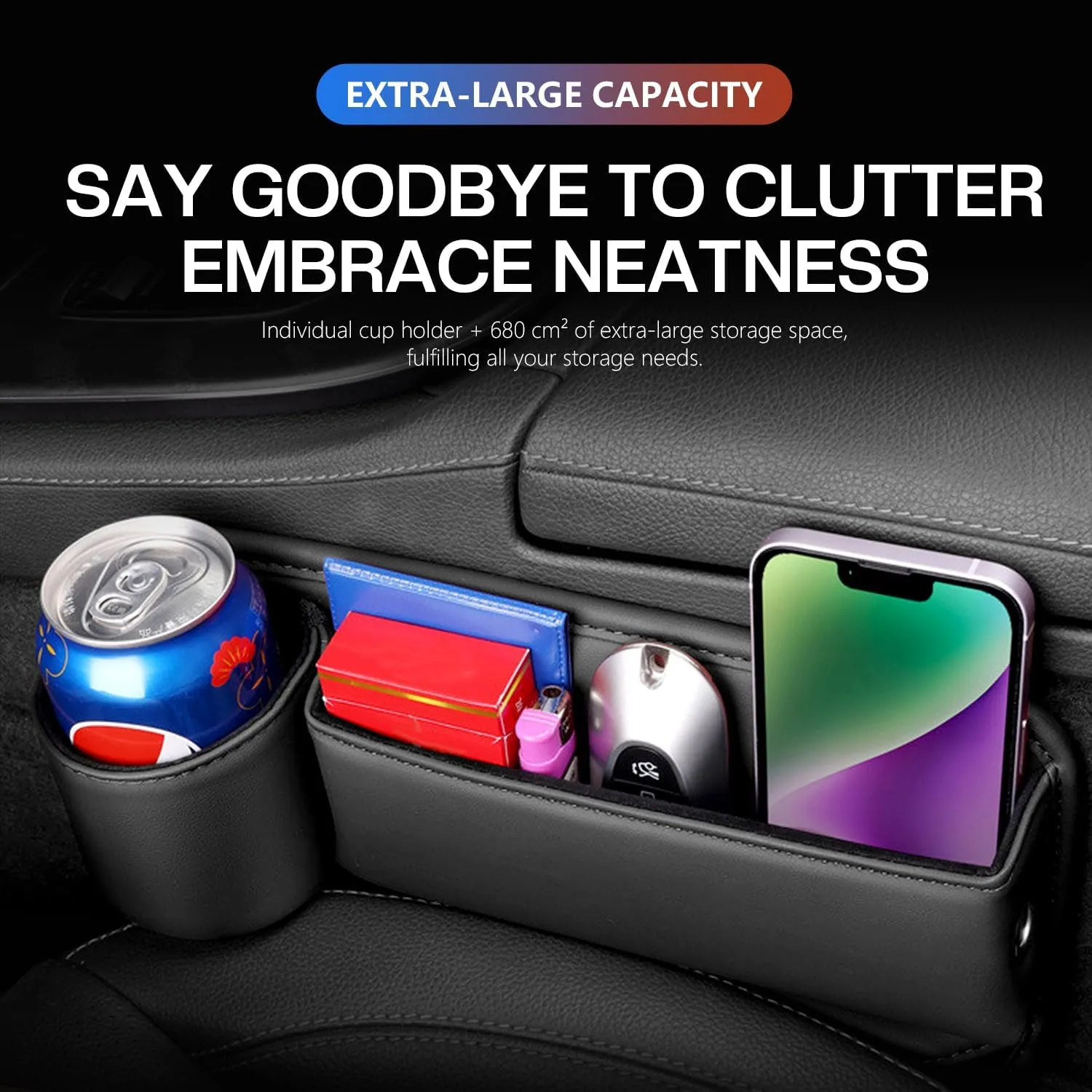 Car Leather Cup Holder Gap Bag, Car Seat Gap Filler Organizer with Cup Holder and Charging Hole, Leather Car Seat Gap Filler Organizer, Car Organizers for Keys, Cards, Phone, Sunglasses
