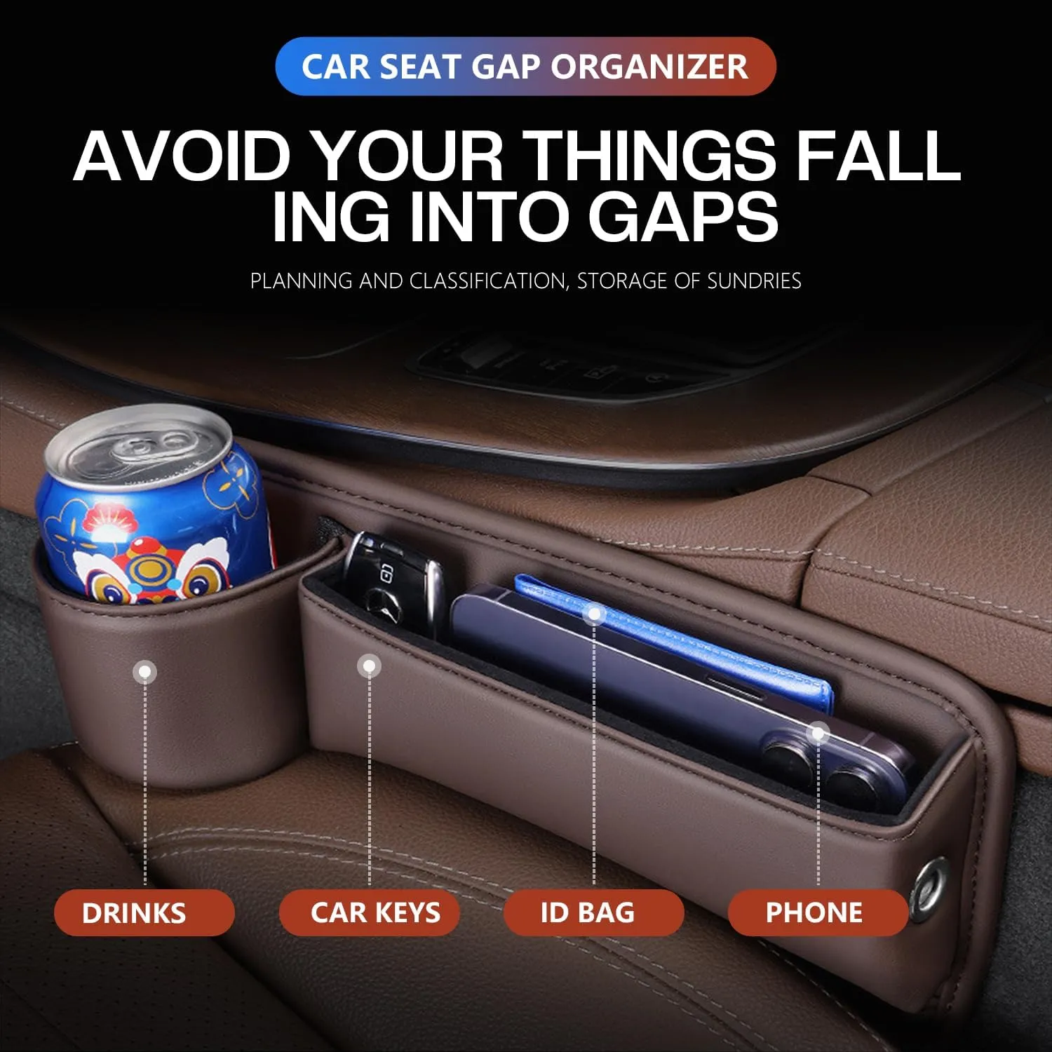 Car Leather Cup Holder Gap Bag, Car Seat Gap Filler Organizer with Cup Holder and Charging Hole, Leather Car Seat Gap Filler Organizer, Car Organizers for Keys, Cards, Phone, Sunglasses