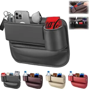 Car Leather Cup Holder Gap Bag, Car Seat Gap Filler Organizer with Cup Holder and Charging Hole, Leather Car Seat Gap Filler Organizer, Car Organizers for Keys, Cards, Phone, Sunglasses