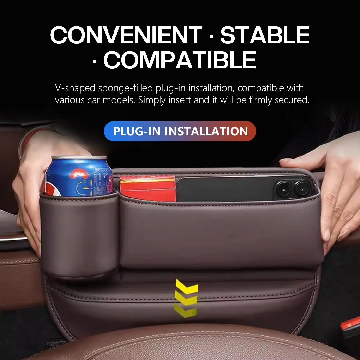 Car Leather Cup Holder Gap Bag, Car Seat Gap Filler Organizer with Cup Holder and Charging Hole, Leather Car Seat Gap Filler Organizer, Car Organizers for Keys, Cards, Phone, Sunglasses