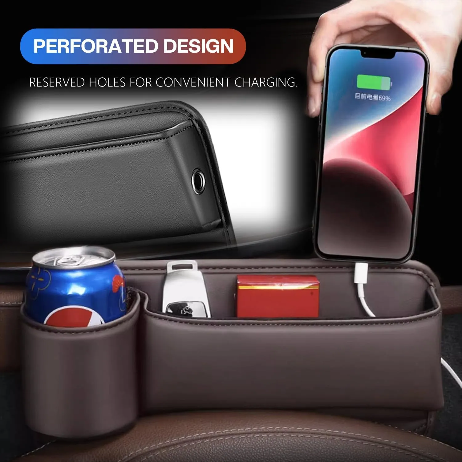 Car Leather Cup Holder Gap Bag, Car Seat Gap Filler Organizer with Cup Holder and Charging Hole, Leather Car Seat Gap Filler Organizer, Car Organizers for Keys, Cards, Phone, Sunglasses