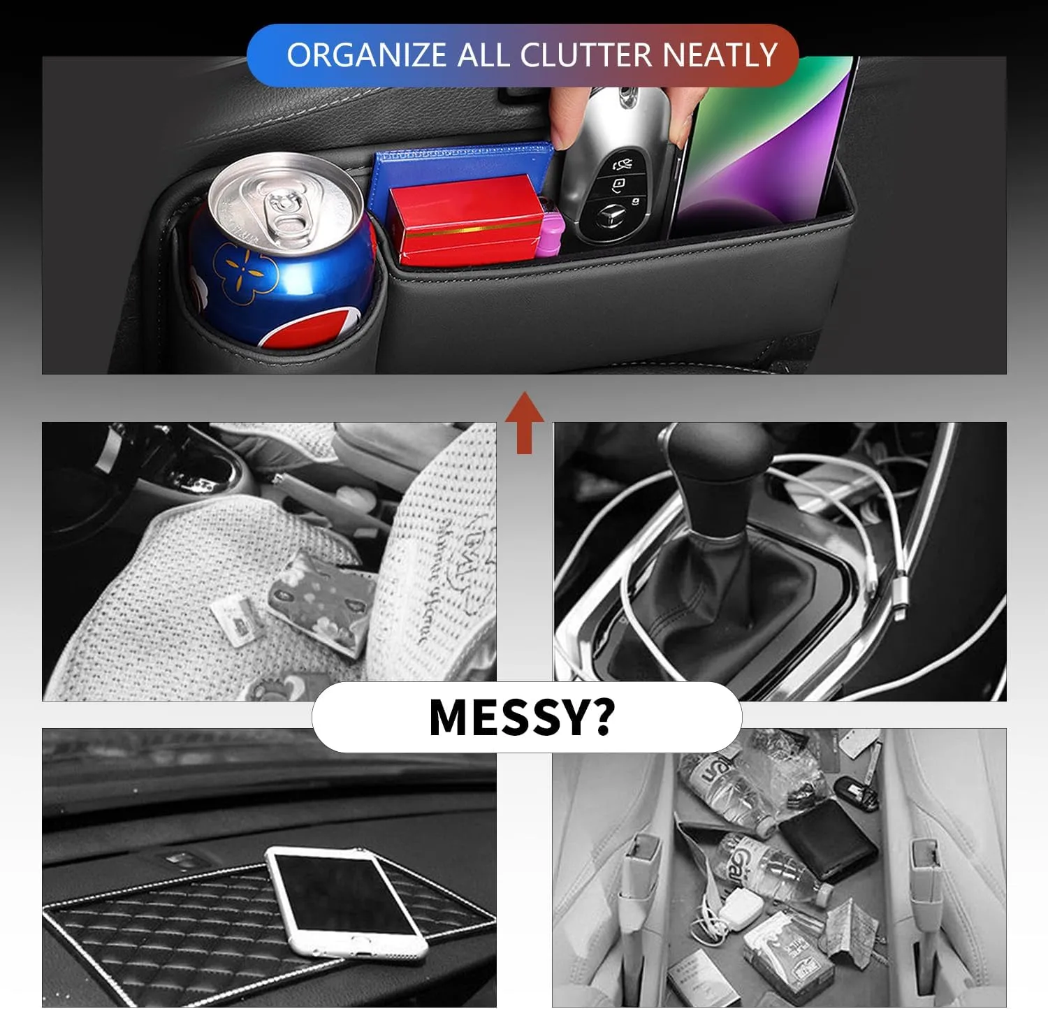 Car Leather Cup Holder Gap Bag, Car Seat Gap Filler Organizer with Cup Holder and Charging Hole, Leather Car Seat Gap Filler Organizer, Car Organizers for Keys, Cards, Phone, Sunglasses