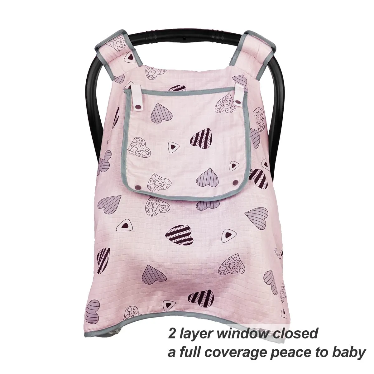 Car seat Covers for Babies, Infant Carseat Canopy for Newborn Carrier, Kick Proof Yet Anti-Slip Design, Muslin, fit Summer, Spring, Autumn, Pink Heart, Perfect for Girl;