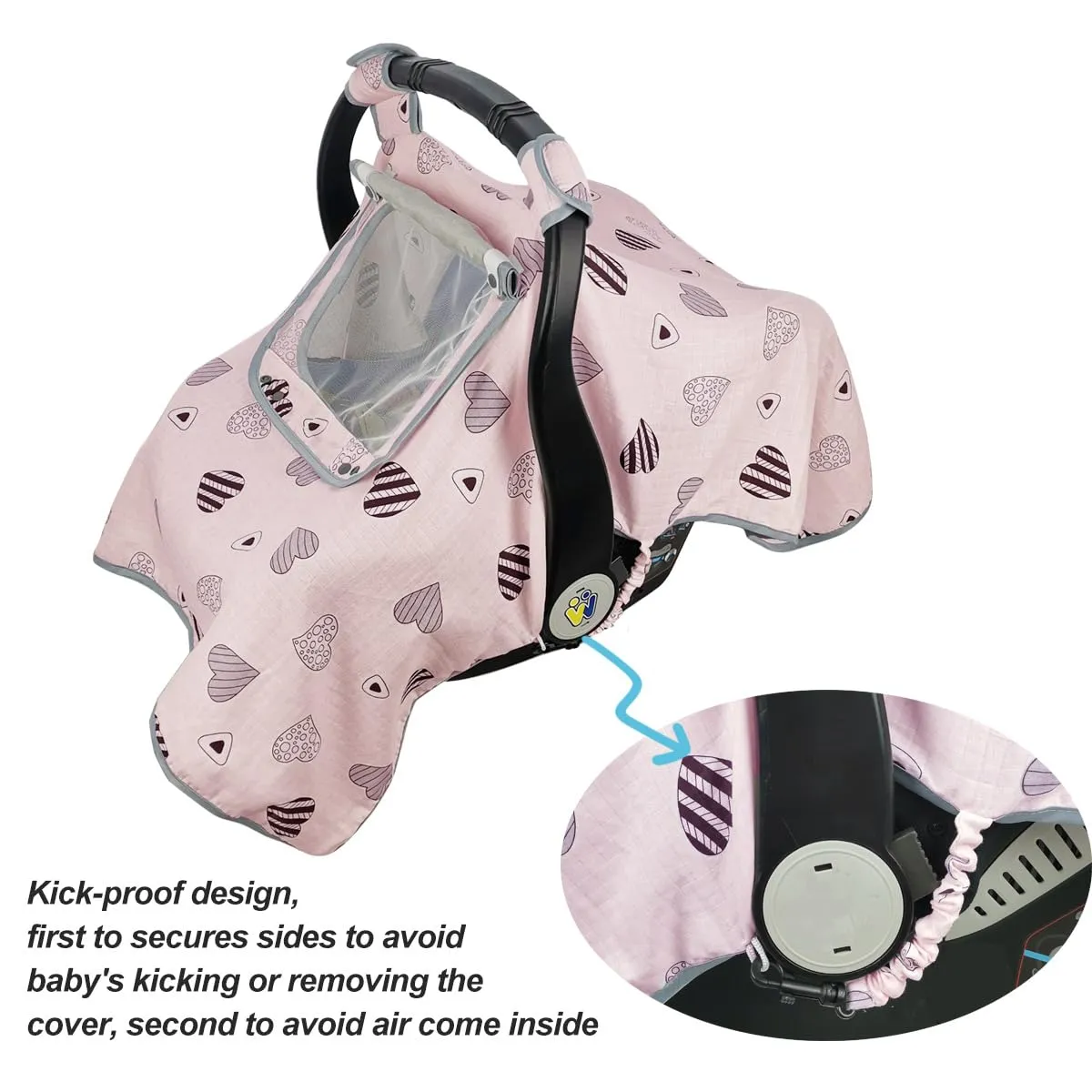 Car seat Covers for Babies, Infant Carseat Canopy for Newborn Carrier, Kick Proof Yet Anti-Slip Design, Muslin, fit Summer, Spring, Autumn, Pink Heart, Perfect for Girl;