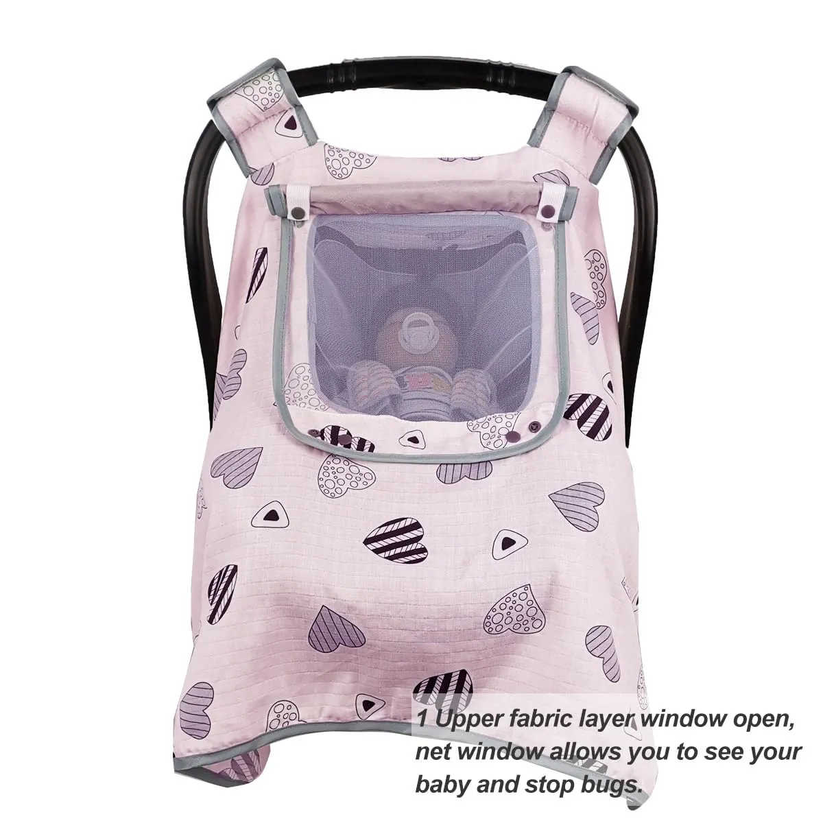 Car seat Covers for Babies, Infant Carseat Canopy for Newborn Carrier, Kick Proof Yet Anti-Slip Design, Muslin, fit Summer, Spring, Autumn, Pink Heart, Perfect for Girl;