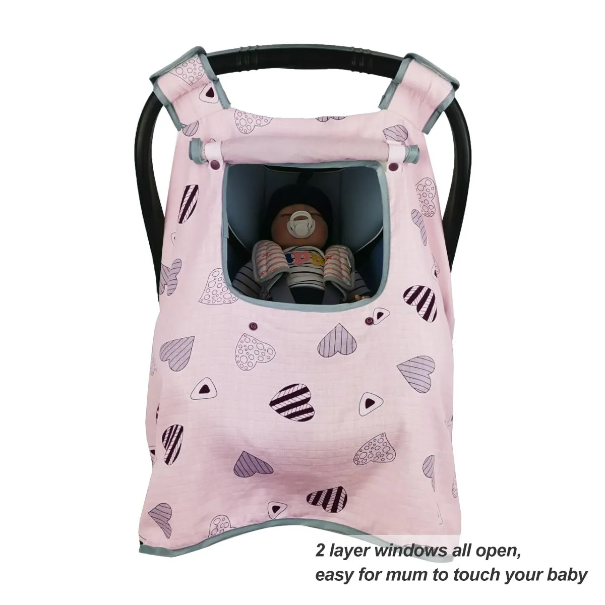 Car seat Covers for Babies, Infant Carseat Canopy for Newborn Carrier, Kick Proof Yet Anti-Slip Design, Muslin, fit Summer, Spring, Autumn, Pink Heart, Perfect for Girl;