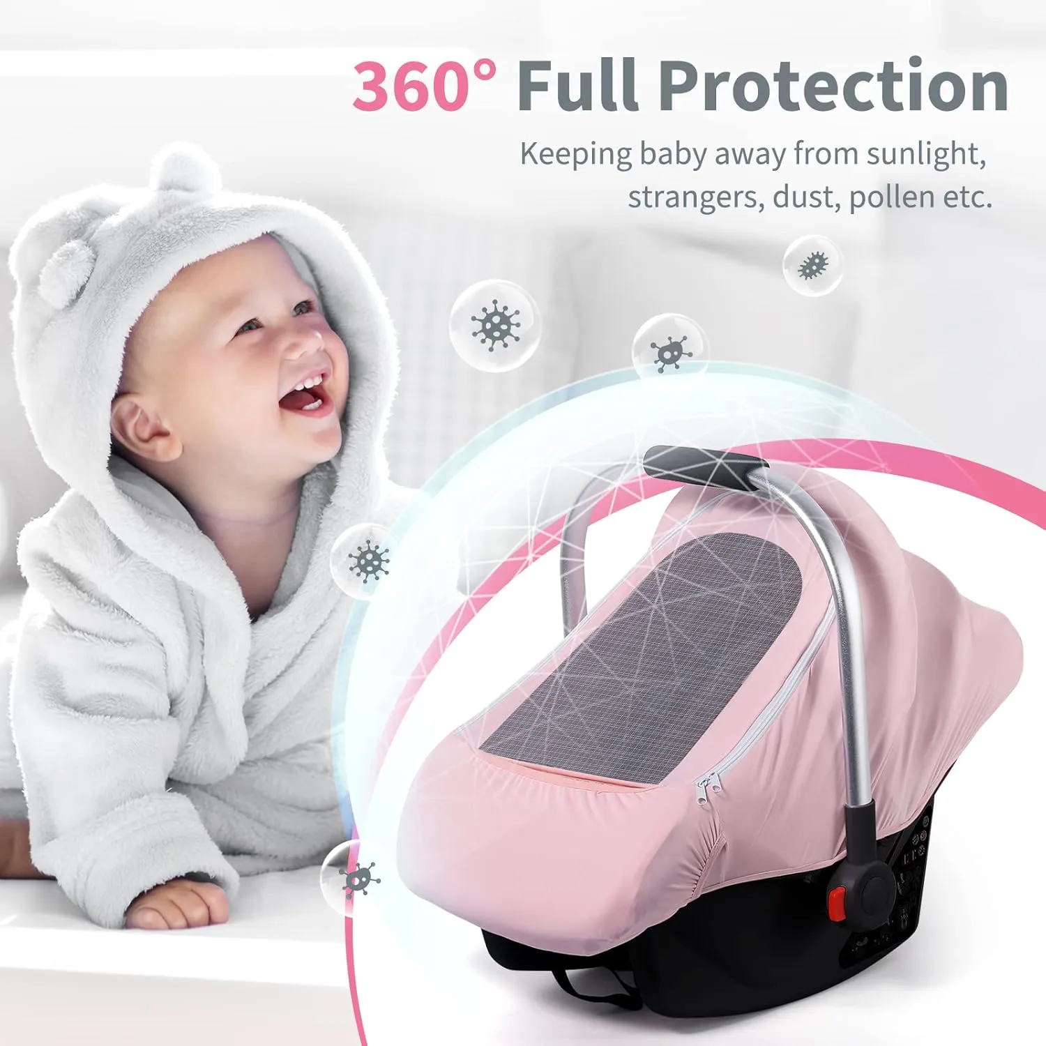 Car Seat Covers for Babies, Original Baby Car Seat Cover for Girls Boys, Stretchy Infant Carseat Canopy with Adjustable Breathable Mesh Window & Pocket, Kick-Proof Stroller Cover for Spring Summer