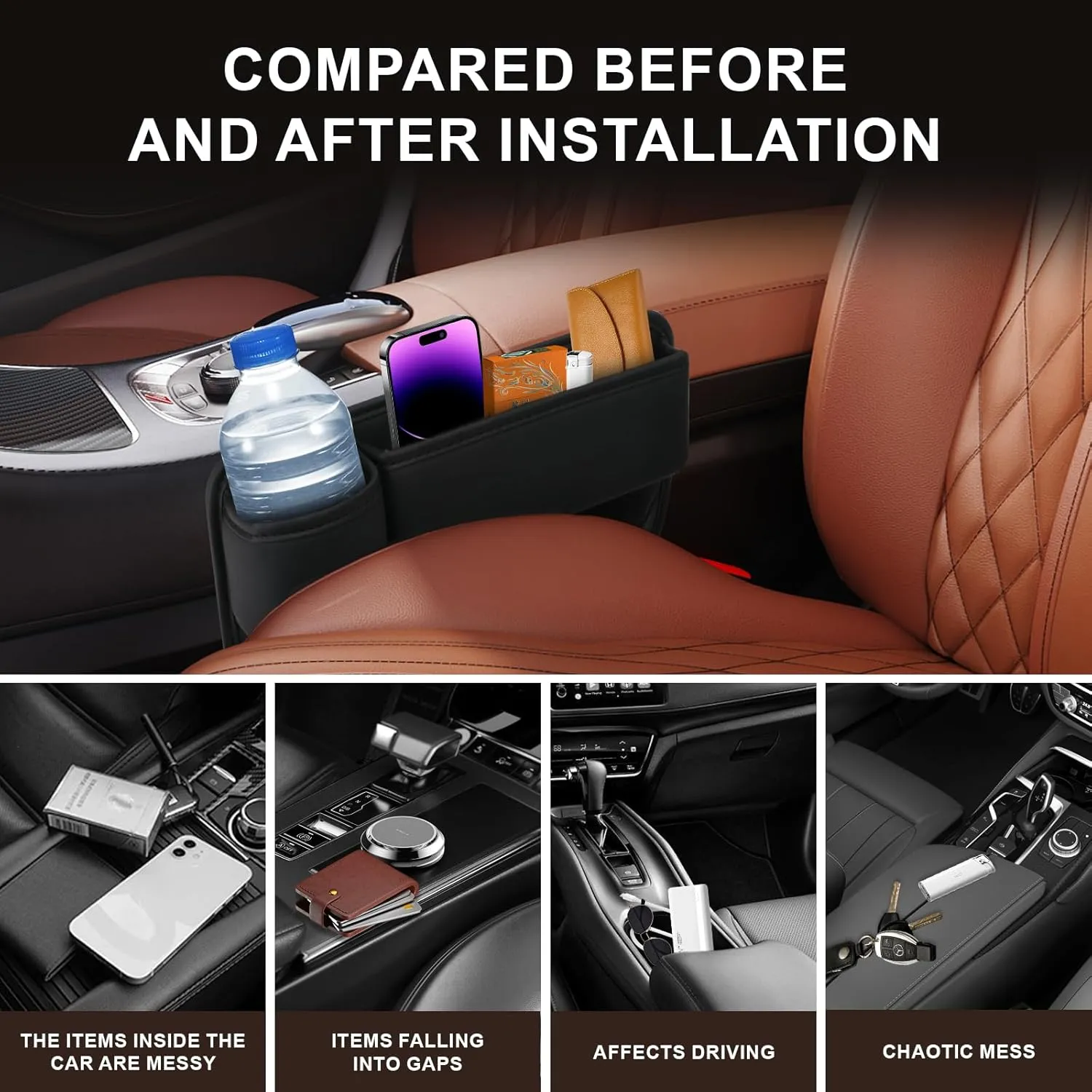 Car seat gap filler organizer,2024 Universal New Seat Gap Storage Box, Car Leather Cup Holder Gap Bag for Glasses Phones Keys and Cards (red, Driver Side)