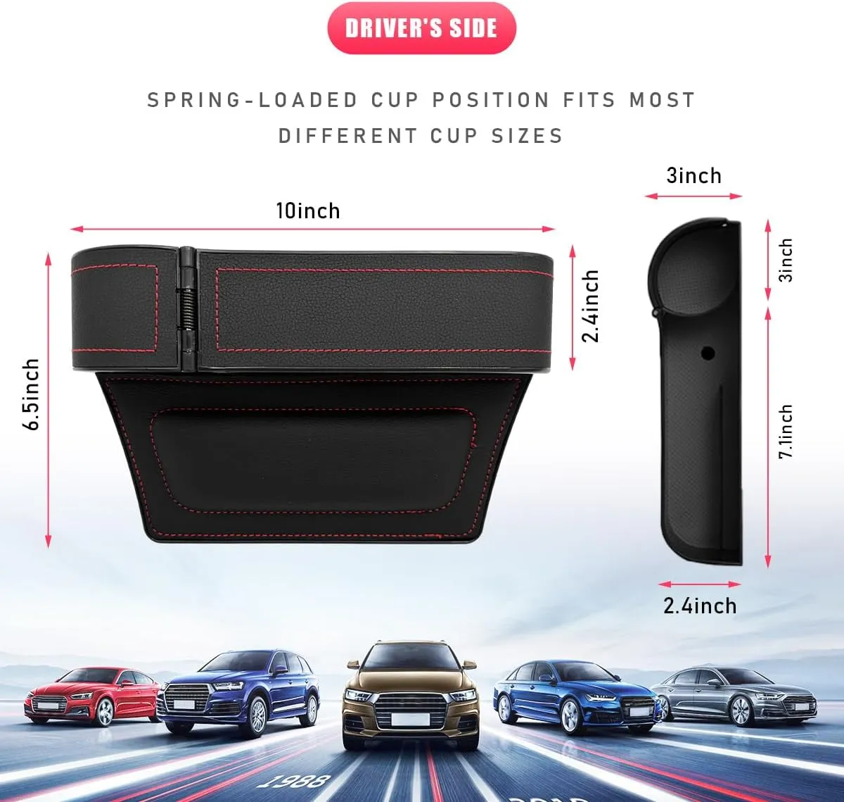 Car Seat Gap Filler with Cup Holder Expander, Automotive Front Seat Storage with Cup Holder, Console Seat Gap Filler Storage Box for Mug Bottle Keys, Car Accessories (Driver Side)