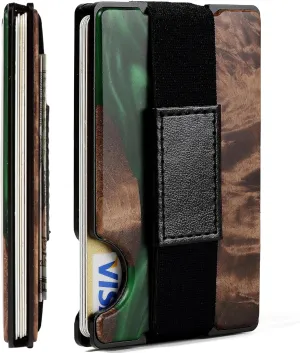 Carbon Fiber Minimalist Wallet for Men Credit Card Holder Money Clip & Cash Strap Slim RFID Mens Wallets,Resin Natural Walnut Wood, Unique Pattern