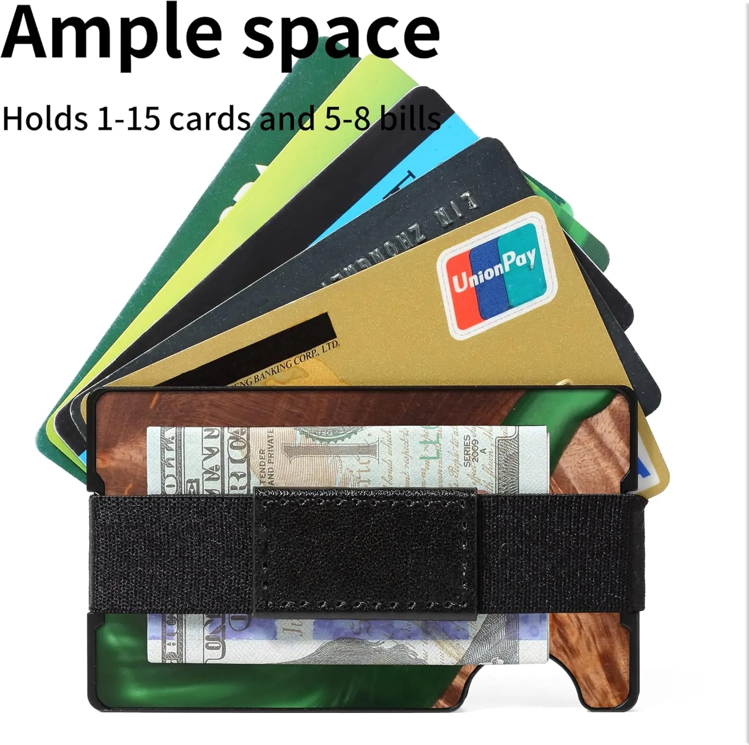Carbon Fiber Minimalist Wallet for Men Credit Card Holder Money Clip & Cash Strap Slim RFID Mens Wallets,Resin Natural Walnut Wood, Unique Pattern