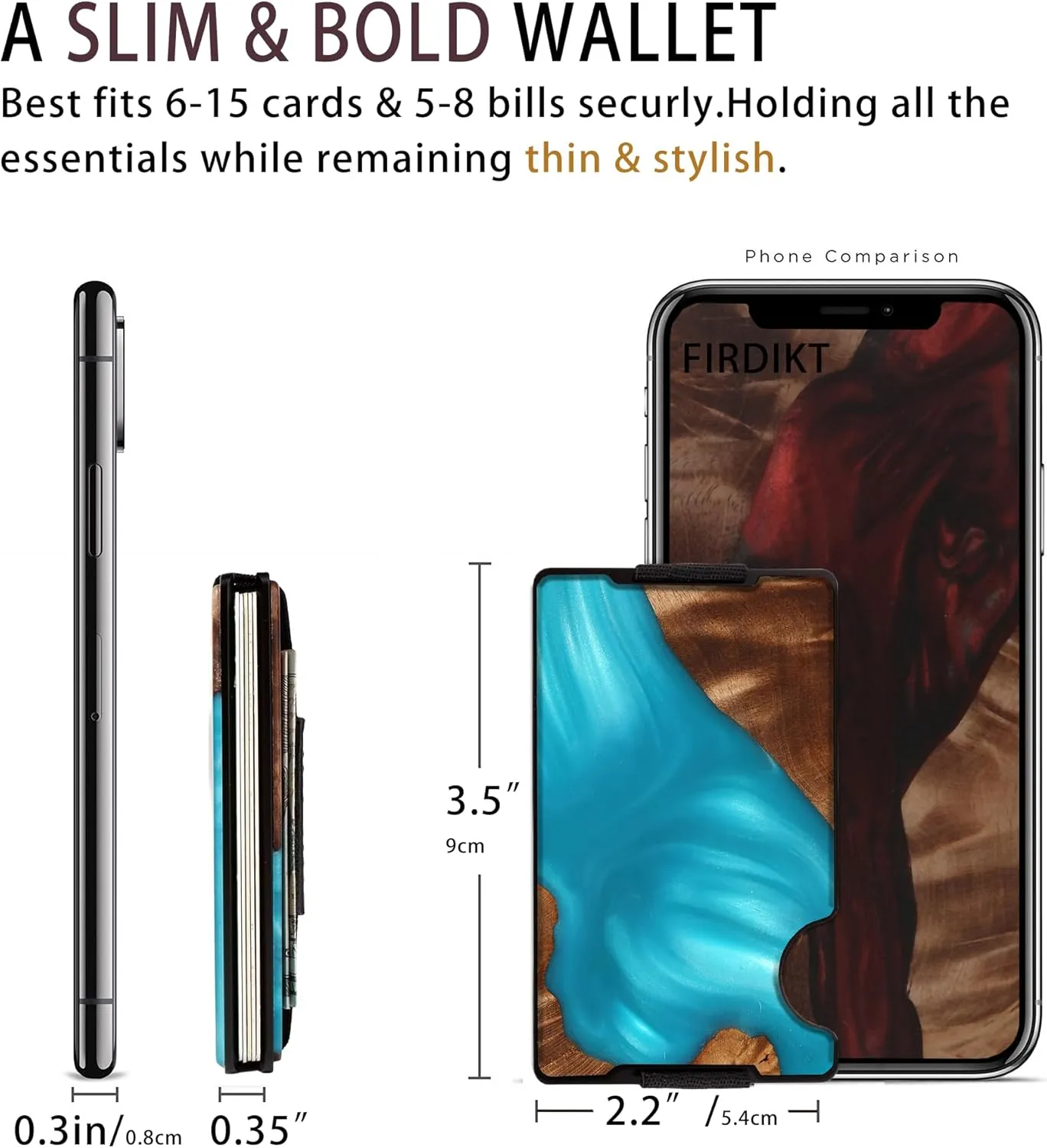 Carbon Fiber Minimalist Wallet for Men Credit Card Holder Money Clip & Cash Strap Slim RFID Mens Wallets,Resin Natural Walnut Wood, Unique Pattern