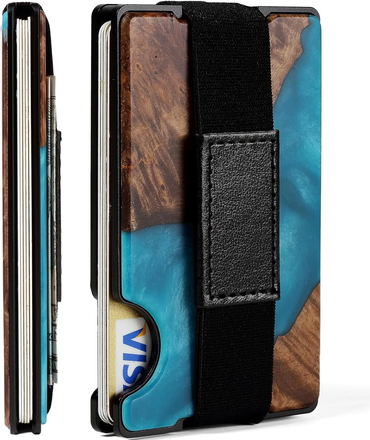 Carbon Fiber Minimalist Wallet for Men Credit Card Holder Money Clip & Cash Strap Slim RFID Mens Wallets,Resin Natural Walnut Wood, Unique Pattern