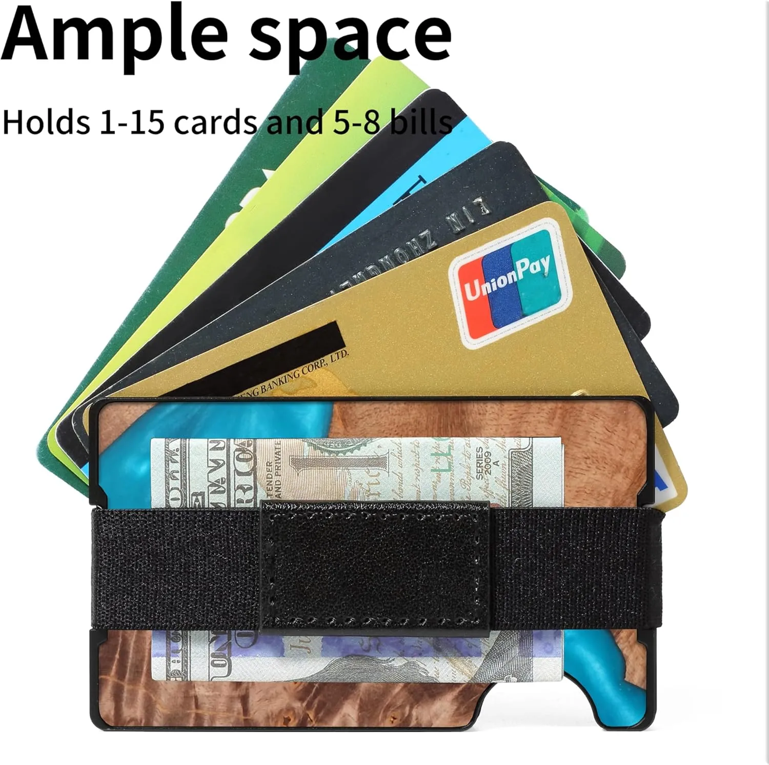 Carbon Fiber Minimalist Wallet for Men Credit Card Holder Money Clip & Cash Strap Slim RFID Mens Wallets,Resin Natural Walnut Wood, Unique Pattern