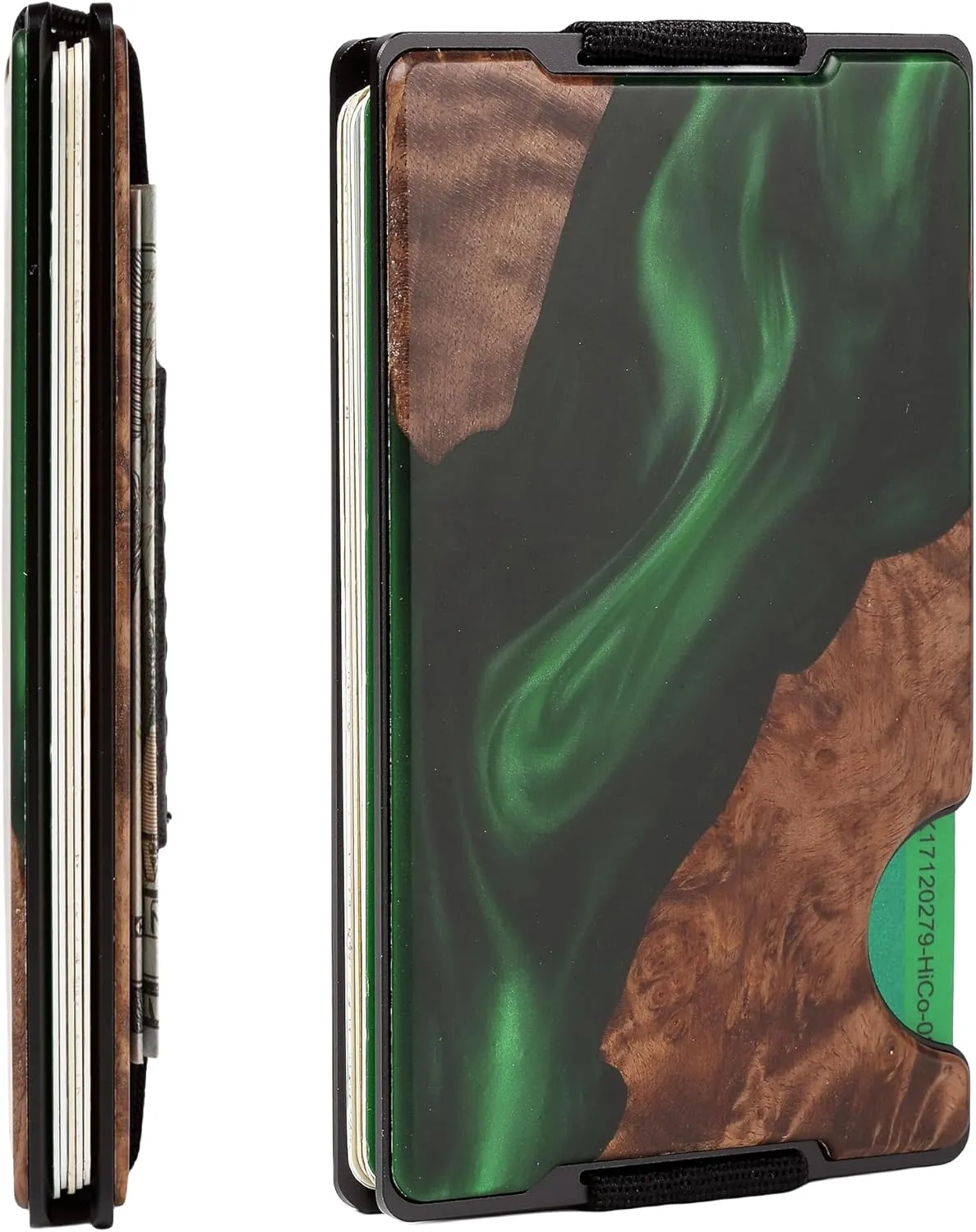 Carbon Fiber Minimalist Wallet for Men Credit Card Holder Money Clip & Cash Strap Slim RFID Mens Wallets,Resin Natural Walnut Wood, Unique Pattern