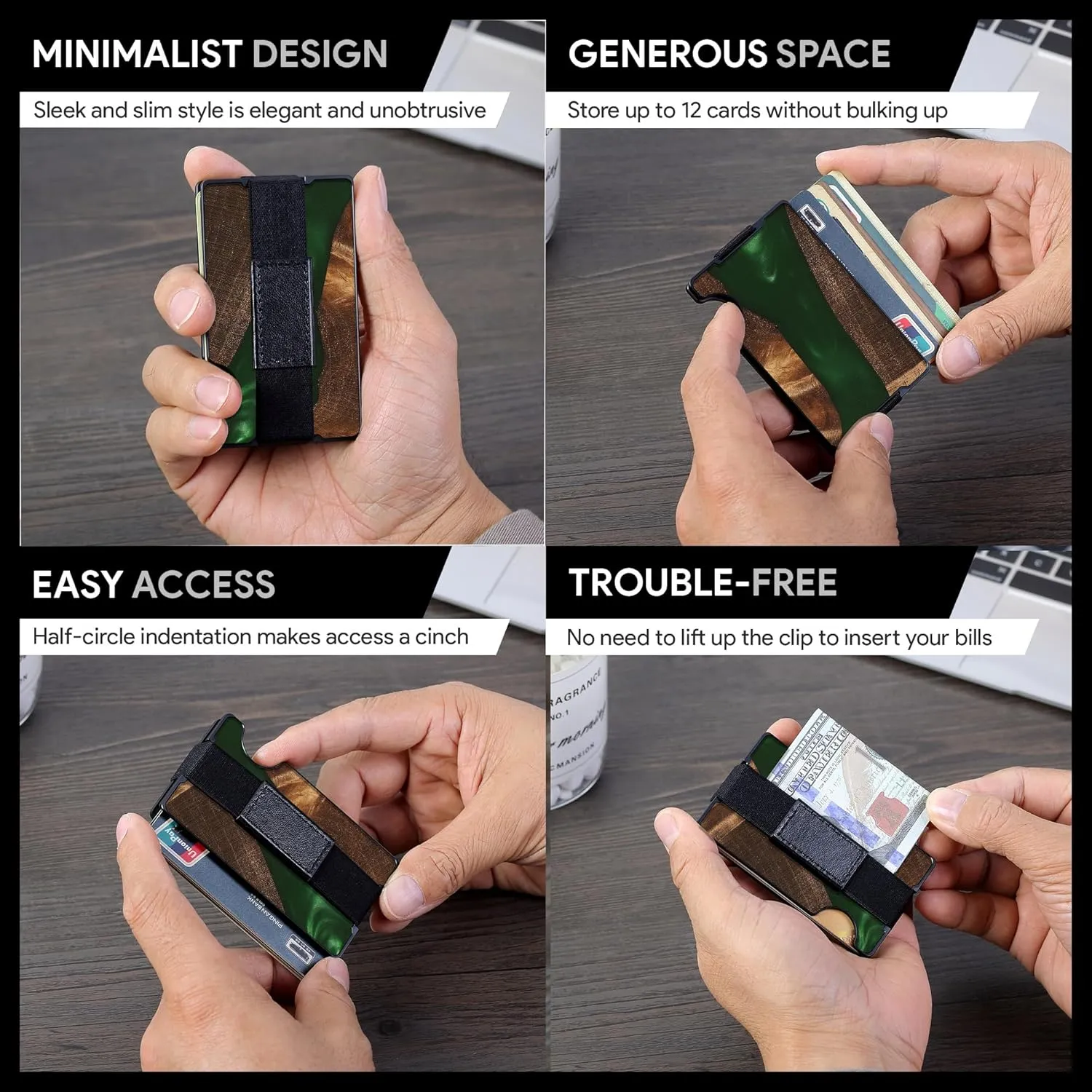 Carbon Fiber Minimalist Wallet for Men Credit Card Holder Money Clip & Cash Strap Slim RFID Mens Wallets,Resin Natural Walnut Wood, Unique Pattern