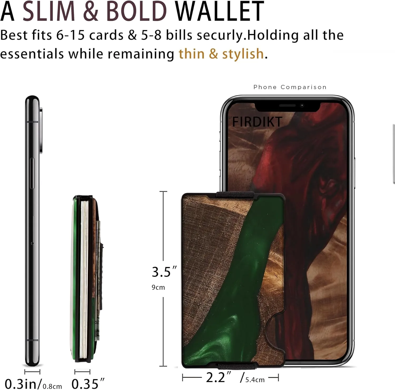 Carbon Fiber Minimalist Wallet for Men Credit Card Holder Money Clip & Cash Strap Slim RFID Mens Wallets,Resin Natural Walnut Wood, Unique Pattern