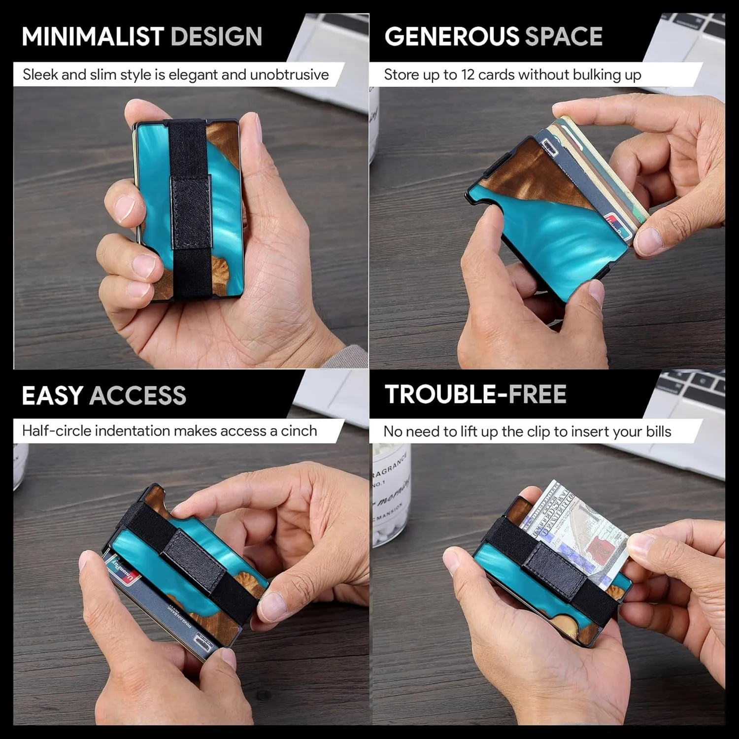Carbon Fiber Minimalist Wallet for Men Credit Card Holder Money Clip & Cash Strap Slim RFID Mens Wallets,Resin Natural Walnut Wood, Unique Pattern