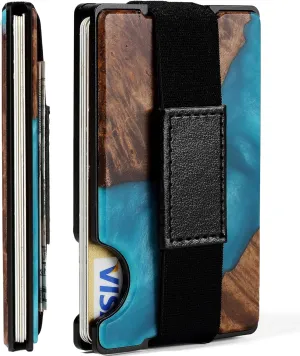 Carbon Fiber Minimalist Wallet for Men Credit Card Holder Money Clip & Cash Strap Slim RFID Mens Wallets,Resin Natural Walnut Wood, Unique Pattern